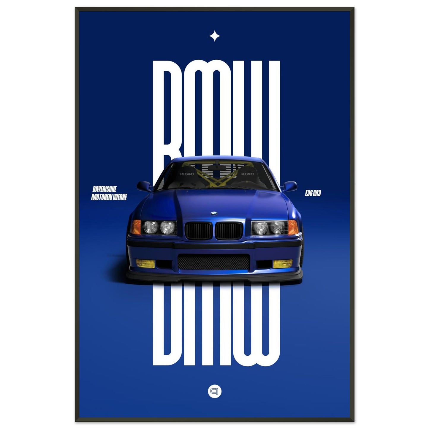 Framed Car Poster - BMW E36 - Blue