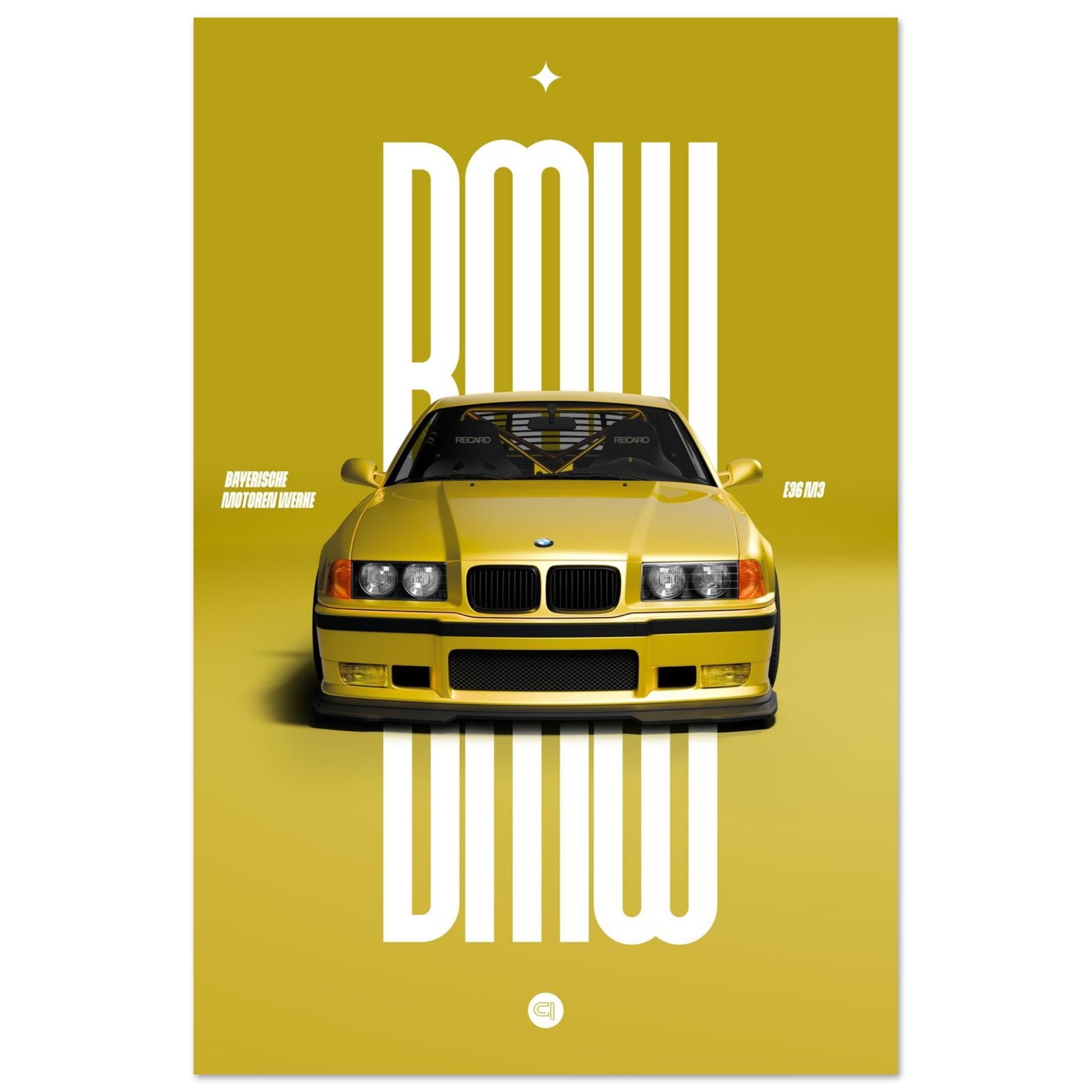 Car Poster - BMW E36 - Yellow