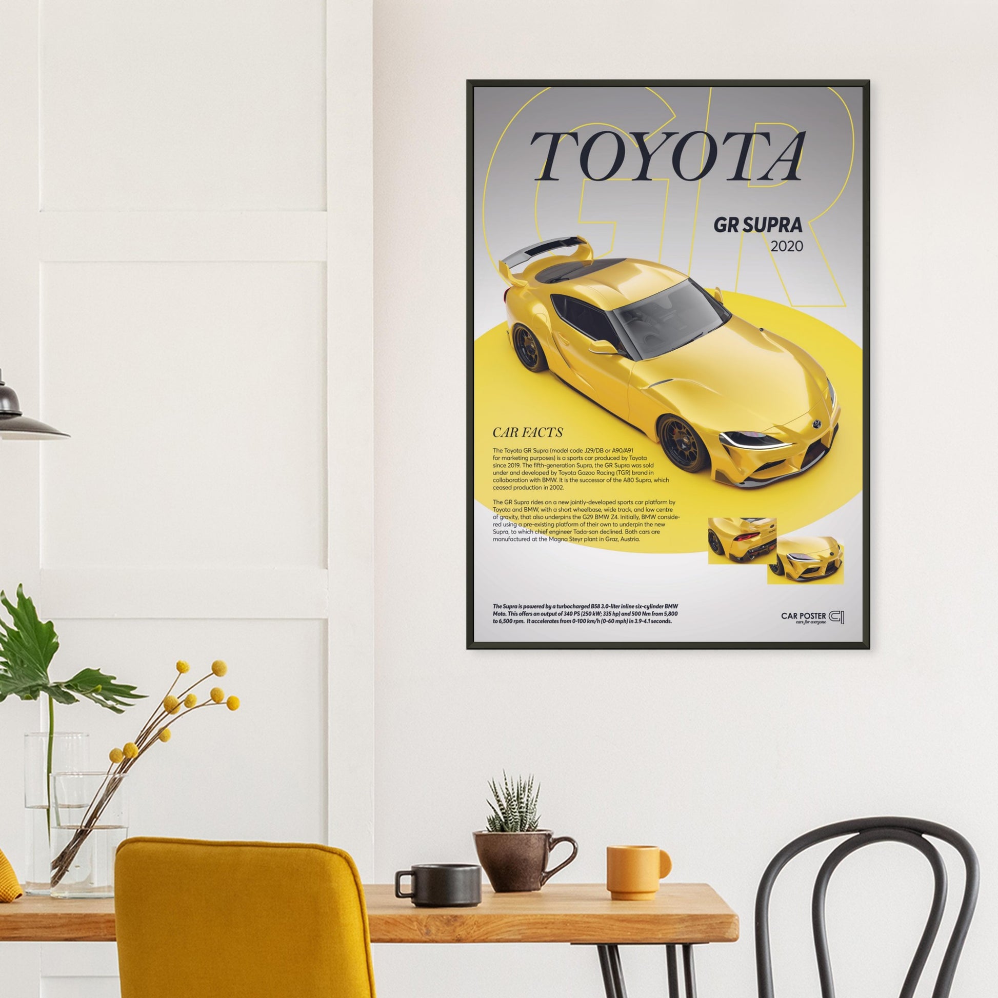 Framed Car Poster - Toyota GR Supra - Yellow