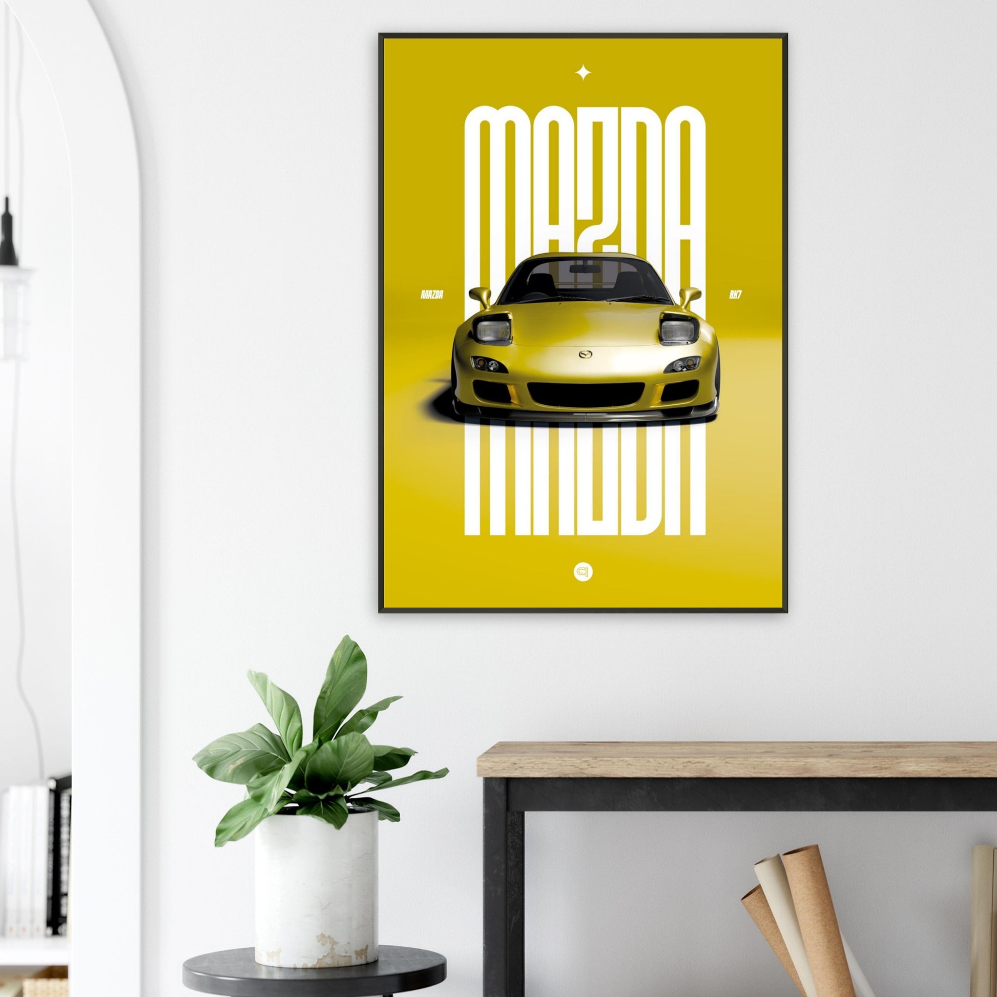 Framed Car Poster - Mazda RX7 - Yellow Pop up
