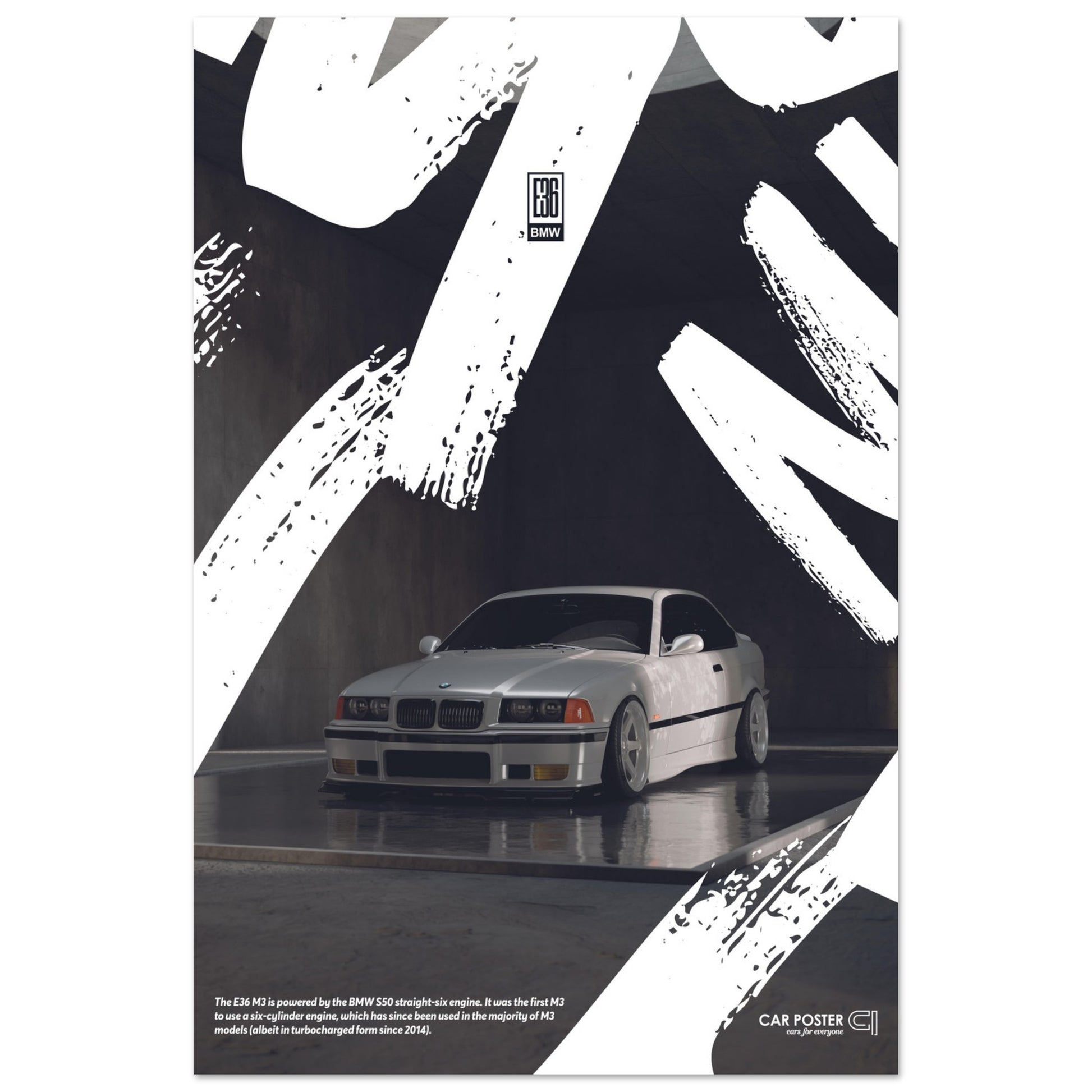 Car Poster - BMW E36 M3 Graffiti - White