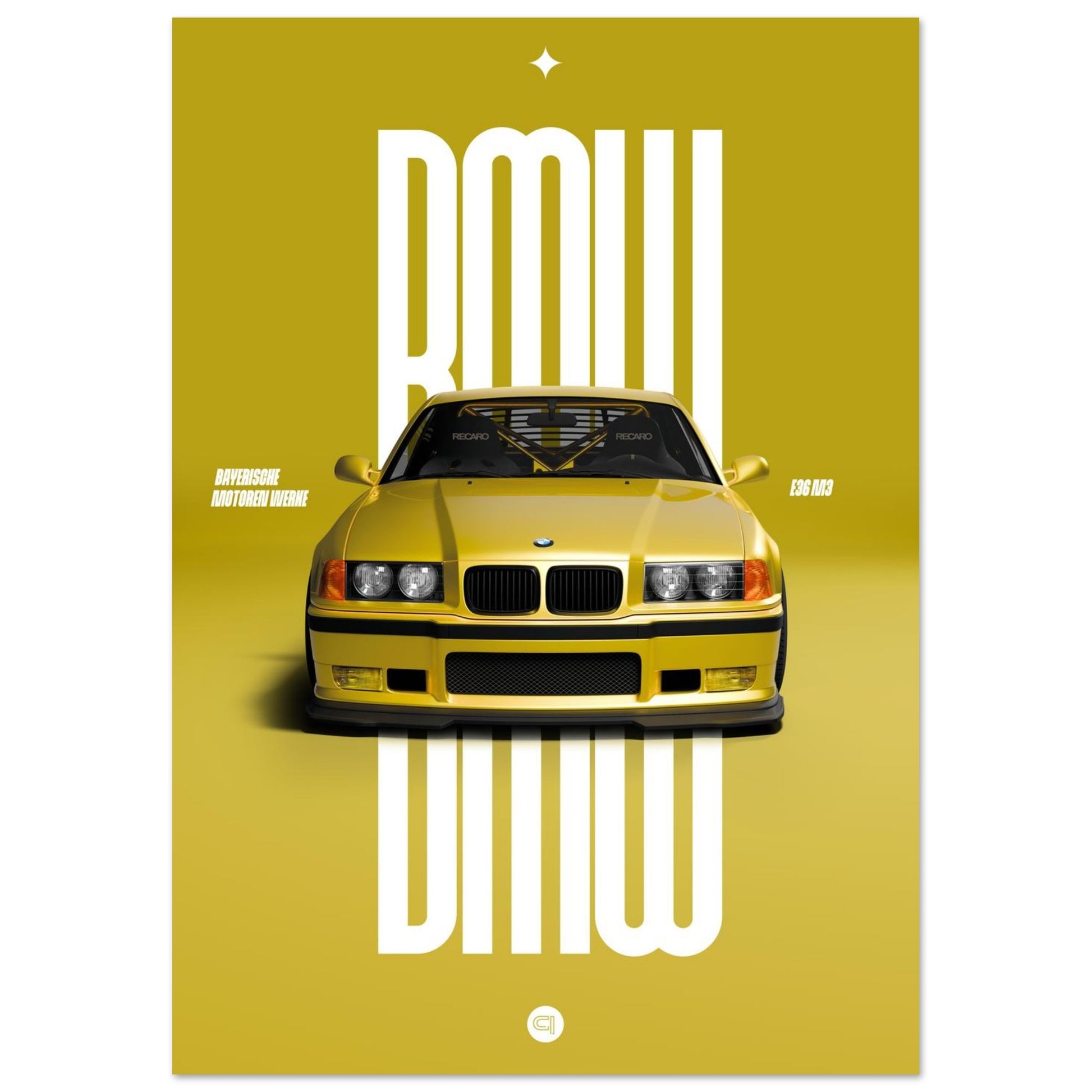 Car Poster - BMW E36 - Yellow