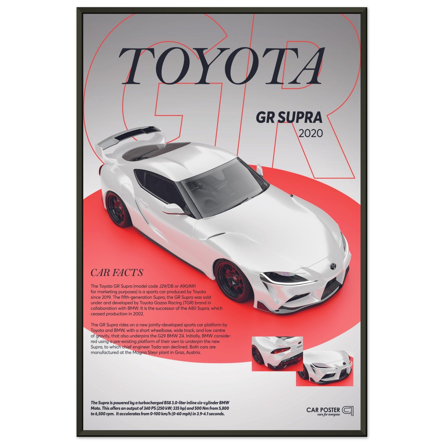 Framed Car Poster - Toyota GR Supra - White