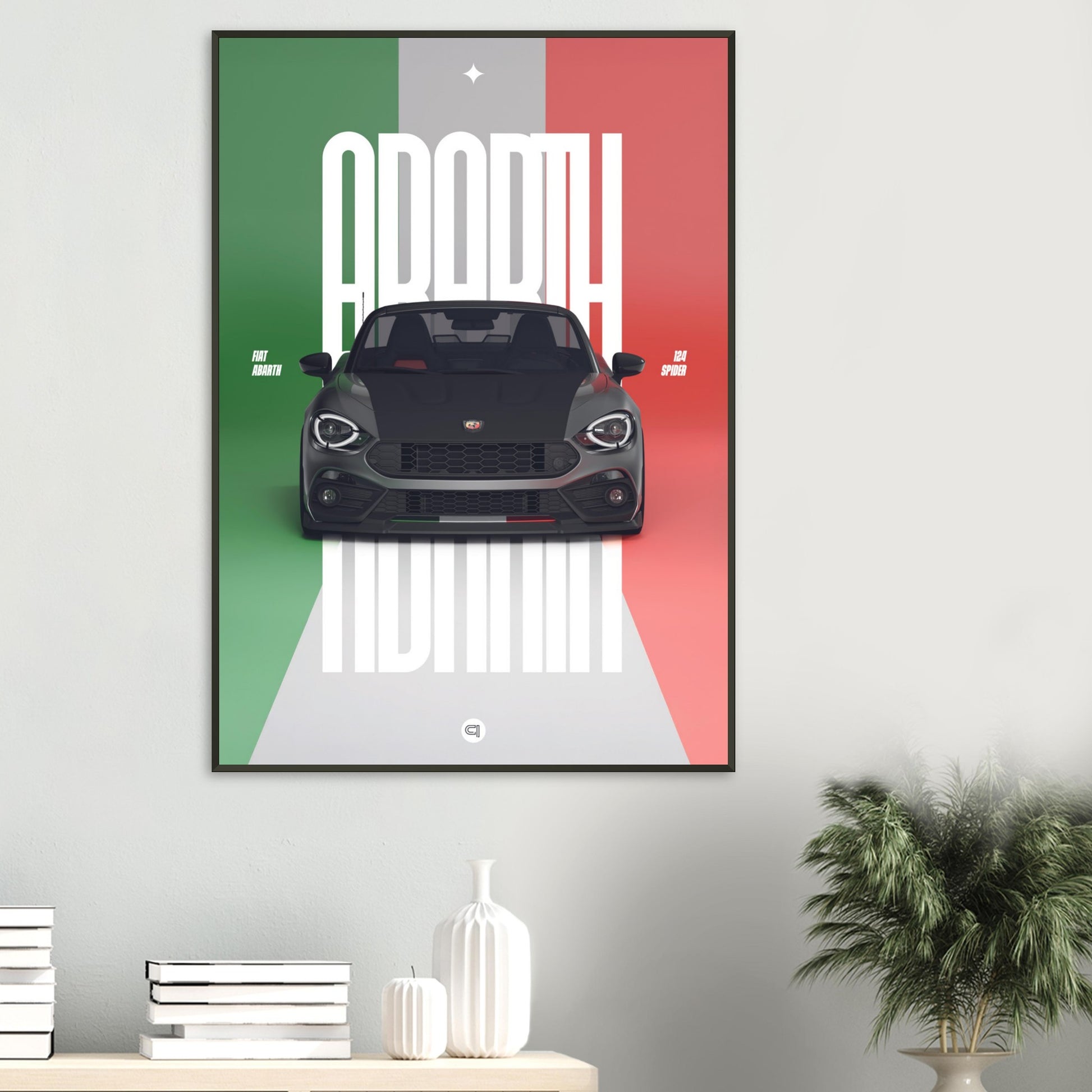 Framed Car Poster - Fiat Abarth 124 Spider - Italy white typo