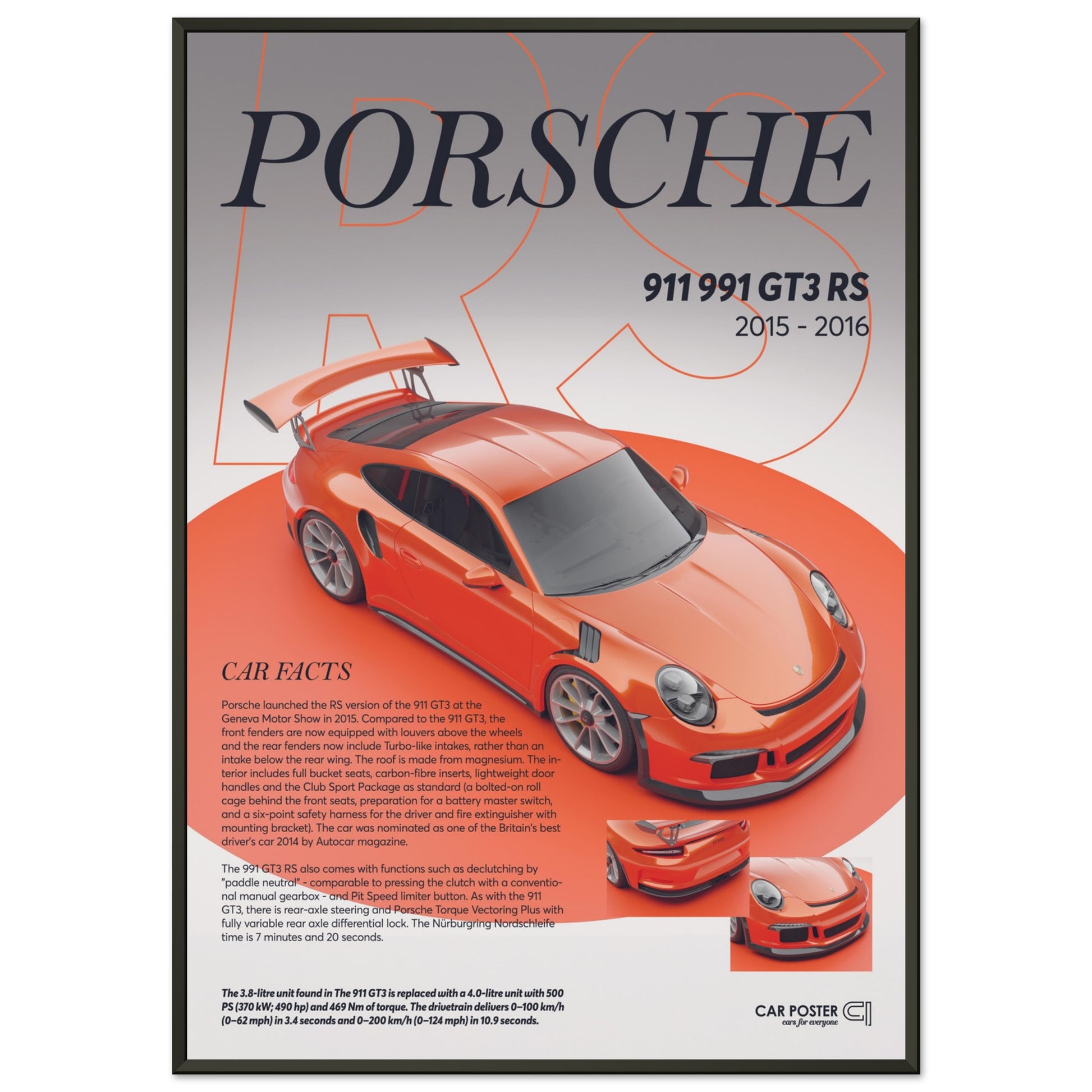 Framed Car Poster - Porsche 911 991 GT3 RS - Lava Orange