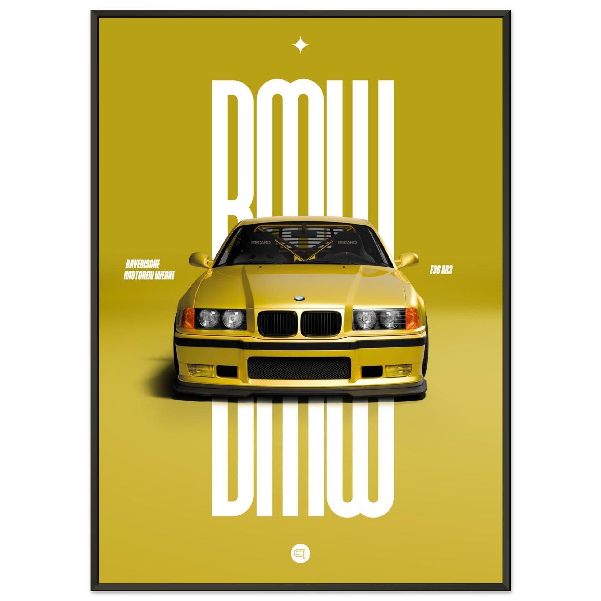 Framed Car Poster - BMW E36 - Yellow