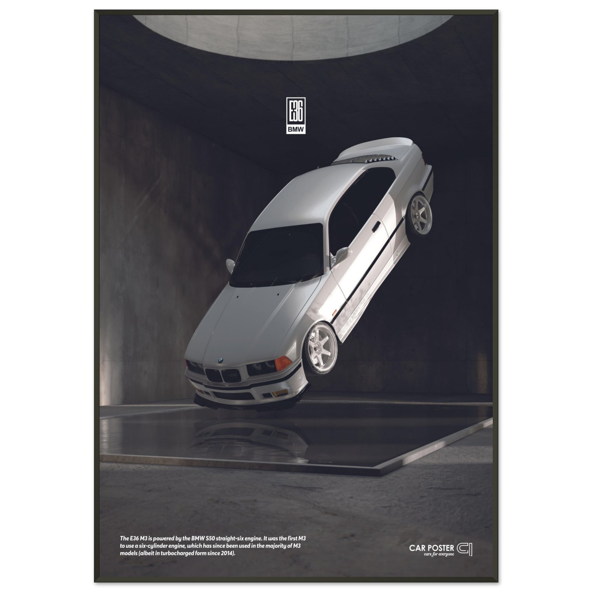 Framed Car Poster - BMW E36 M3 Flying - White