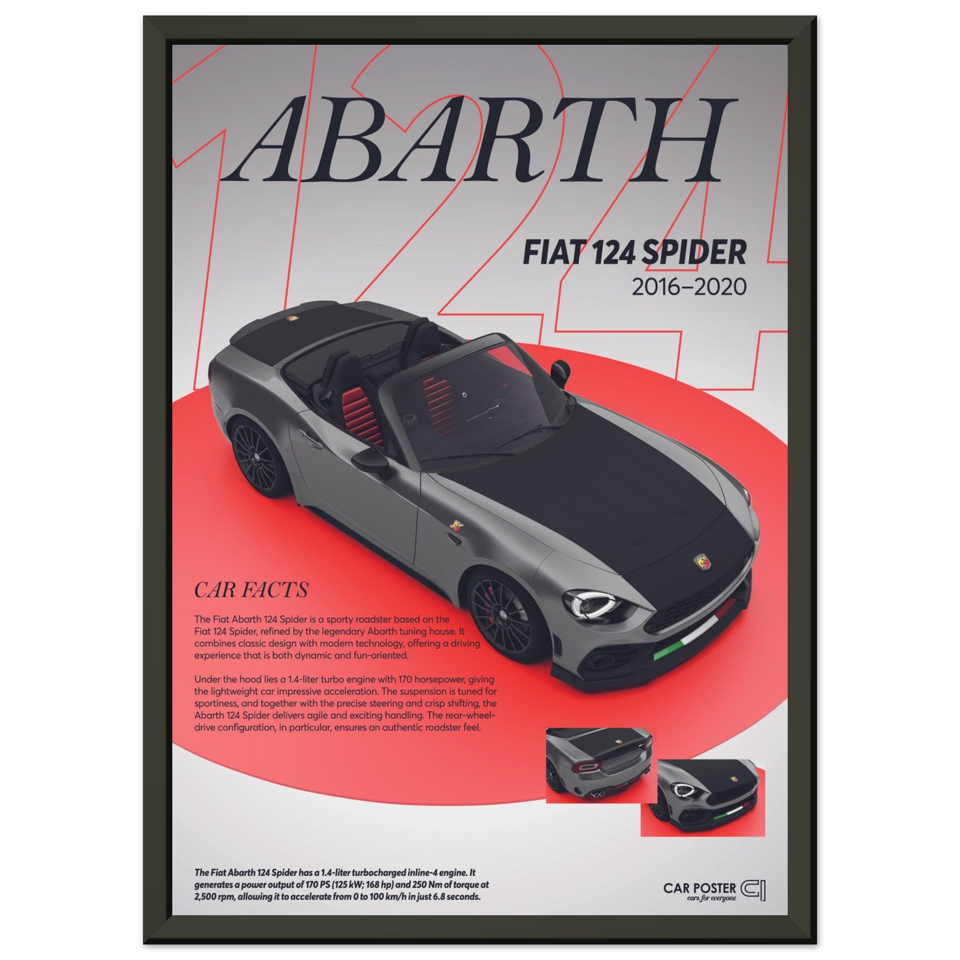 Framed Car Poster - Fiat Abarth 124 Spider - grey