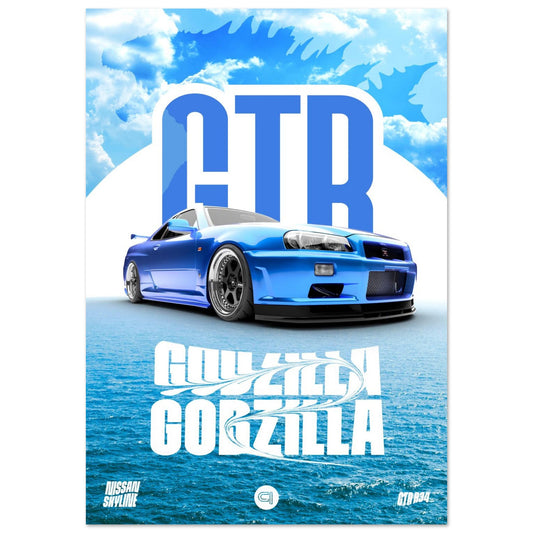 Poster eines blauen Nissan Skyline GT-R R34 mit blau/weißem GTR- und Godzilla-Schriftzug vor blauem Wolken- und Meer-Hintergrund